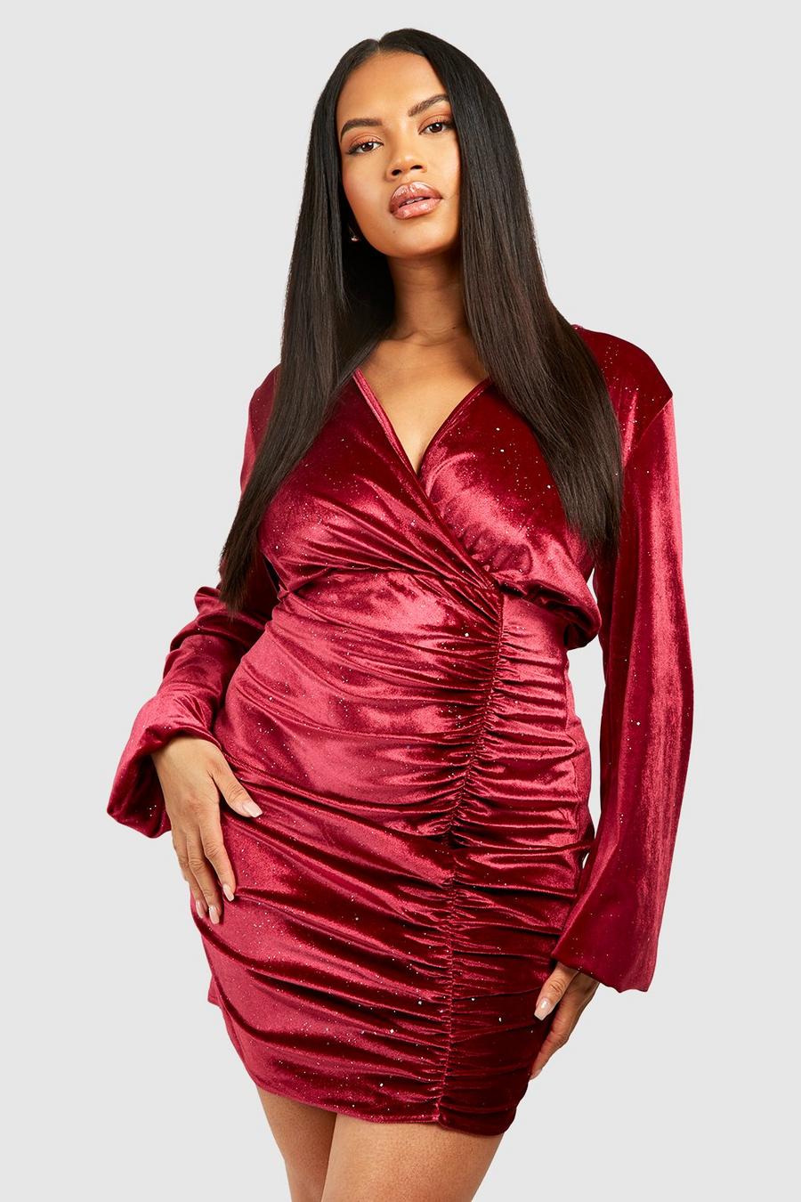 Berry Plus Glitter Velvet Ruched Boydcon Dress