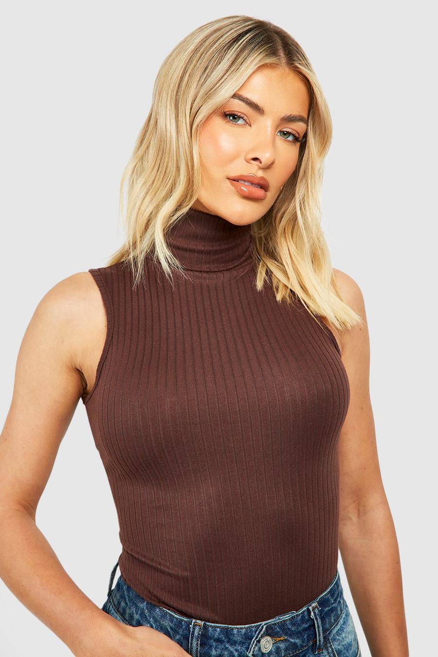 Chocolate Roll Neck Rib Knit Bodysuit image number 1