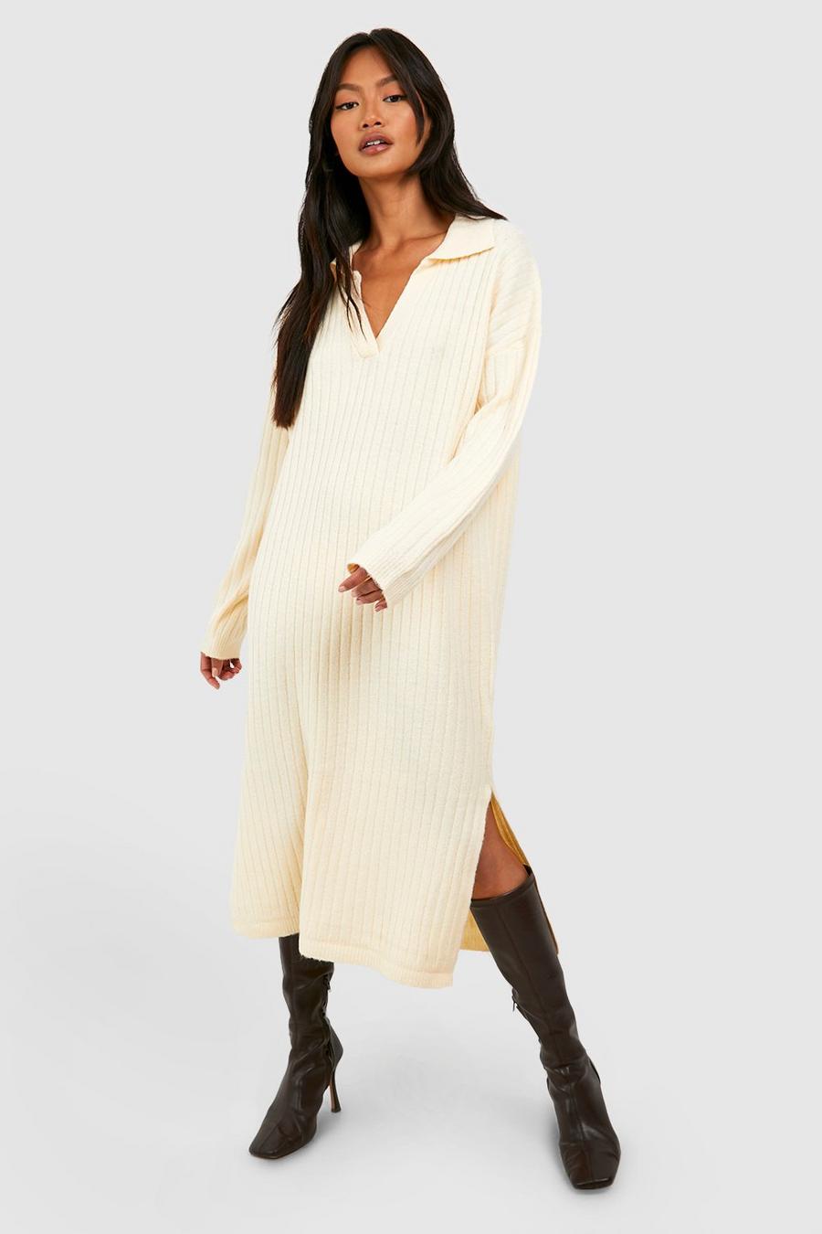 Cream Polo Neck Knitted Midi Dress