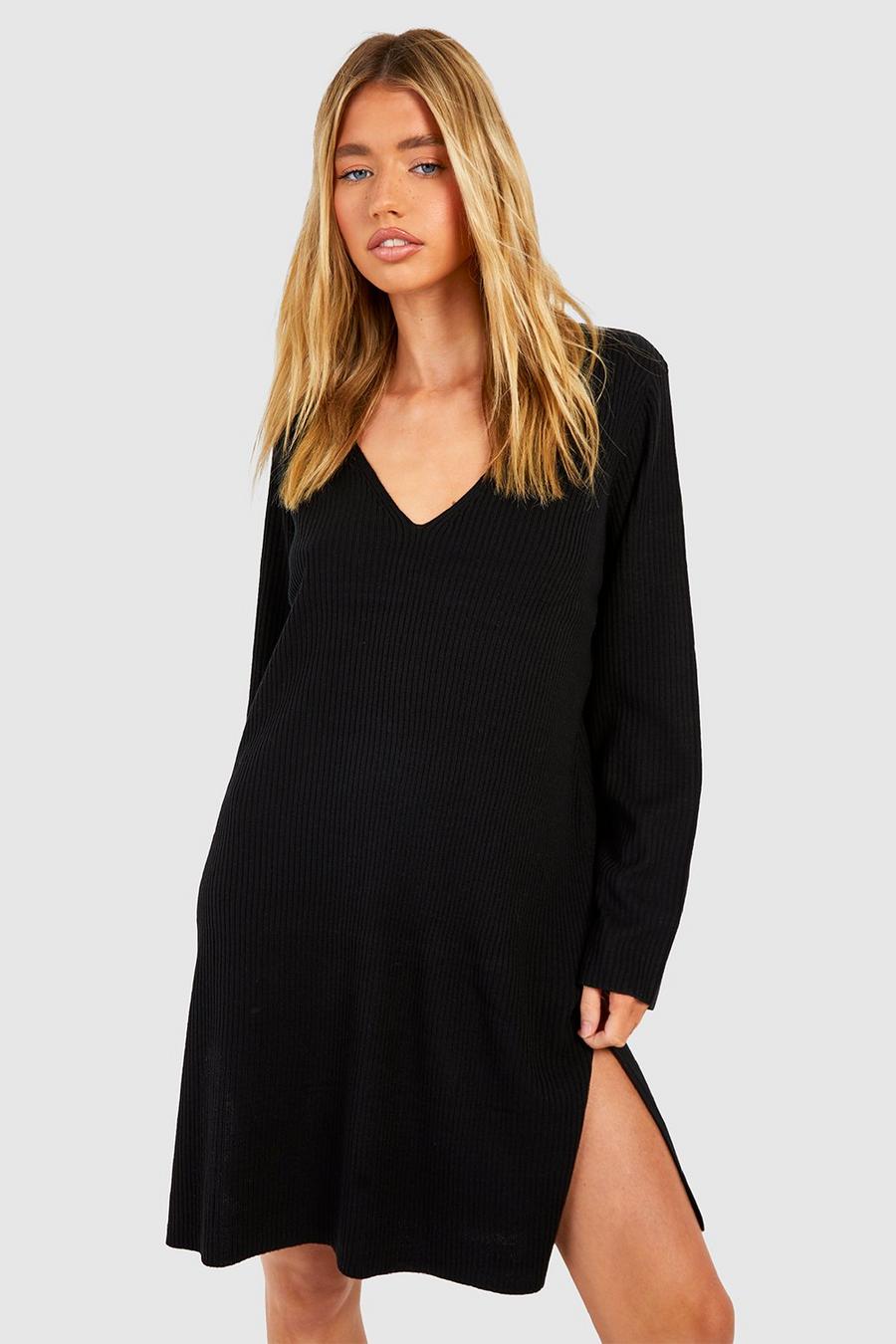 Black Oversized Rib Knit Midi Dress