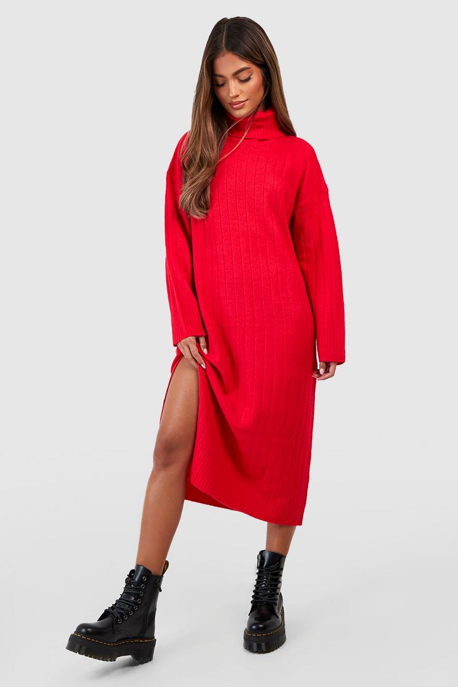 Red Turtleneck Rib Knit Dress