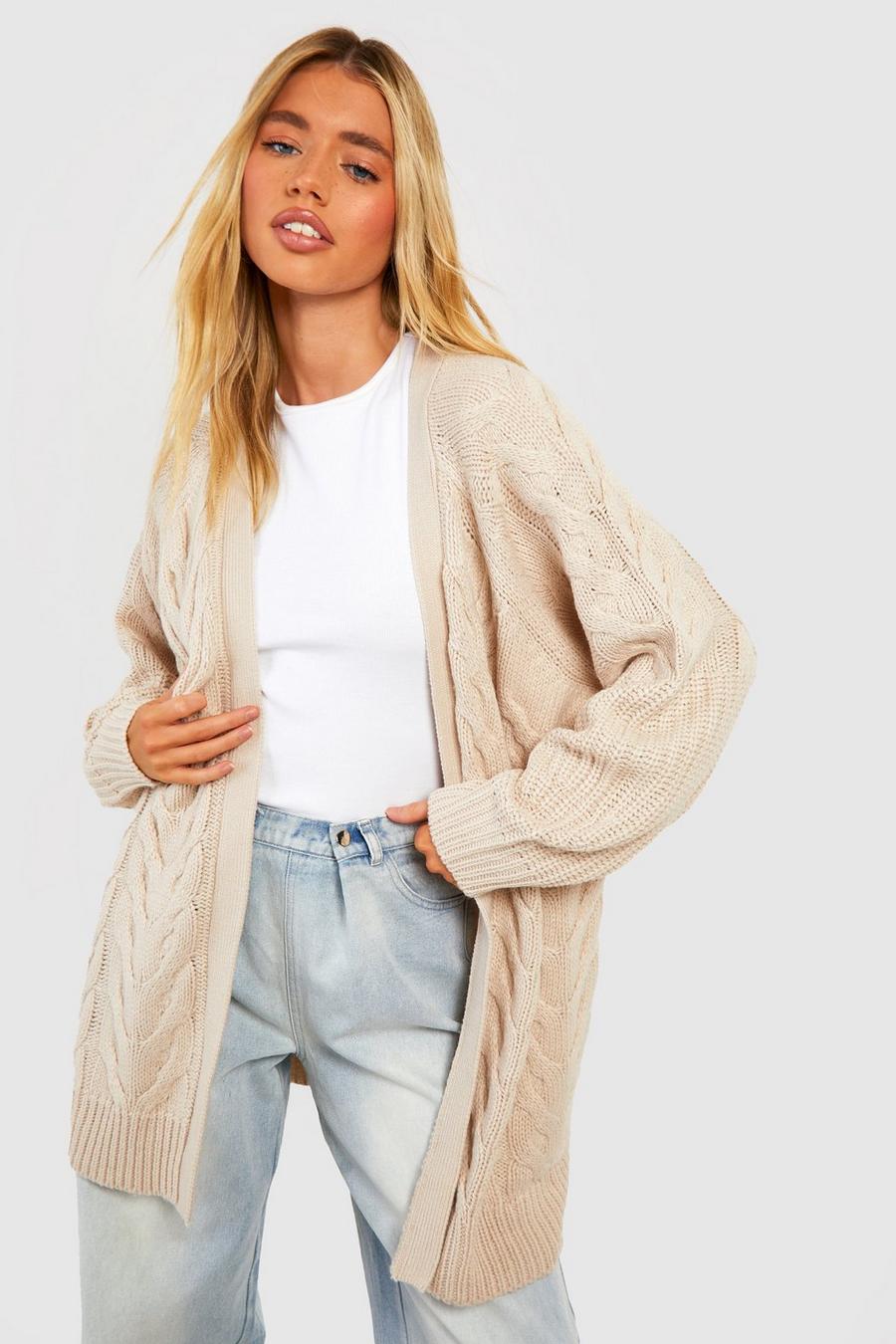 Stone Balloon Sleeve Mixed Cable Knitted Cardigan