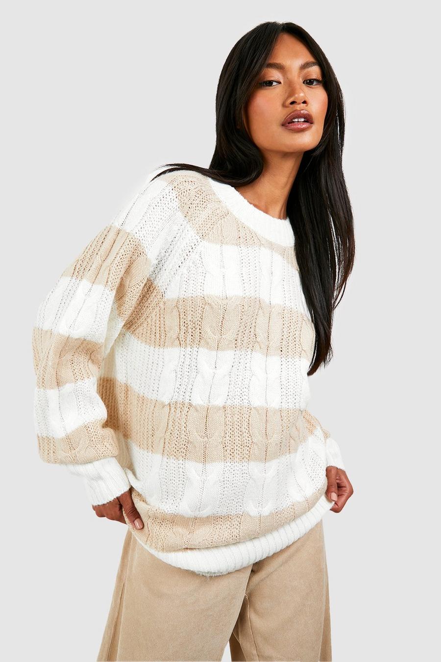 Biscuit Crew Neck Cable Stripe Sweater