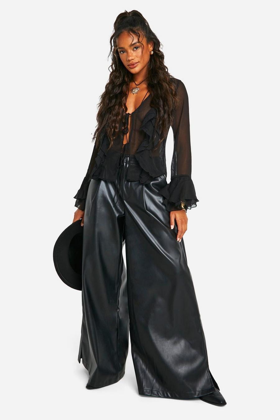 Black Extreme Wide Leg Leather Look Trousers