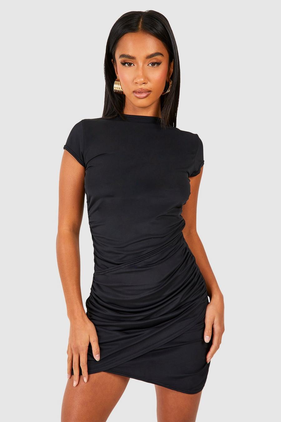Black Petite Premium Matte Slinky Wrap Mini Dress image number 1