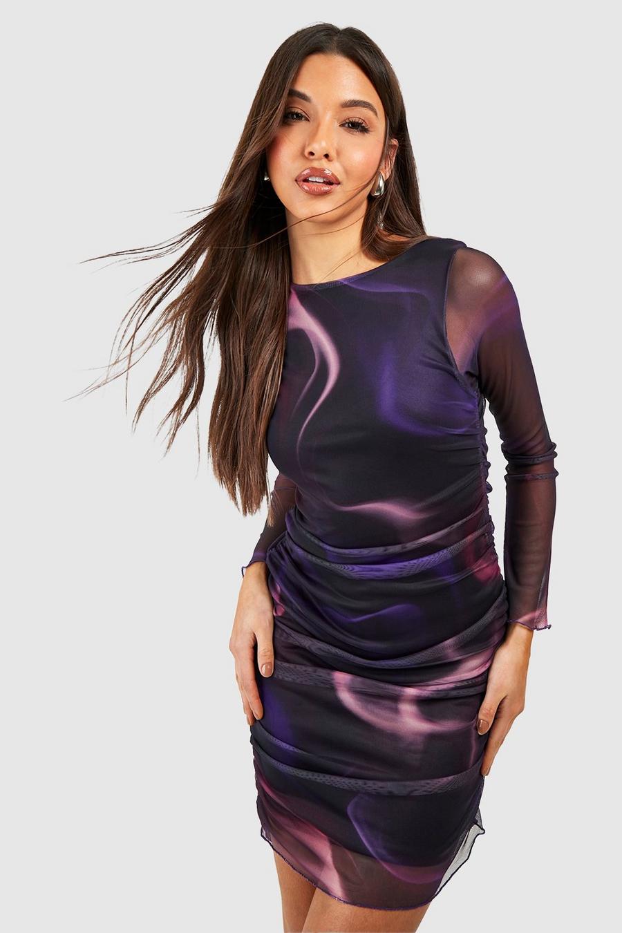 Vestido mini fruncido de malla con estampado abstracto, Purple