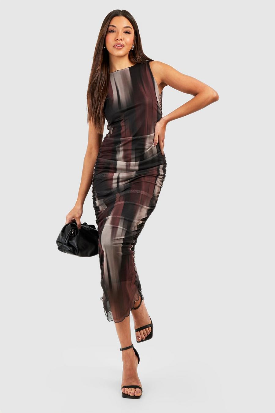 Chocolate Abstract Mesh Ruched Midi Dress