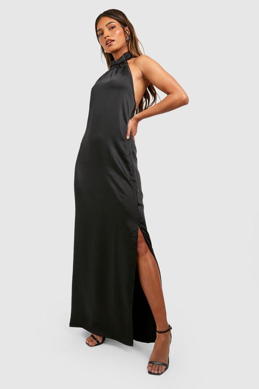 Black Satin Halter Maxi Slip Dress