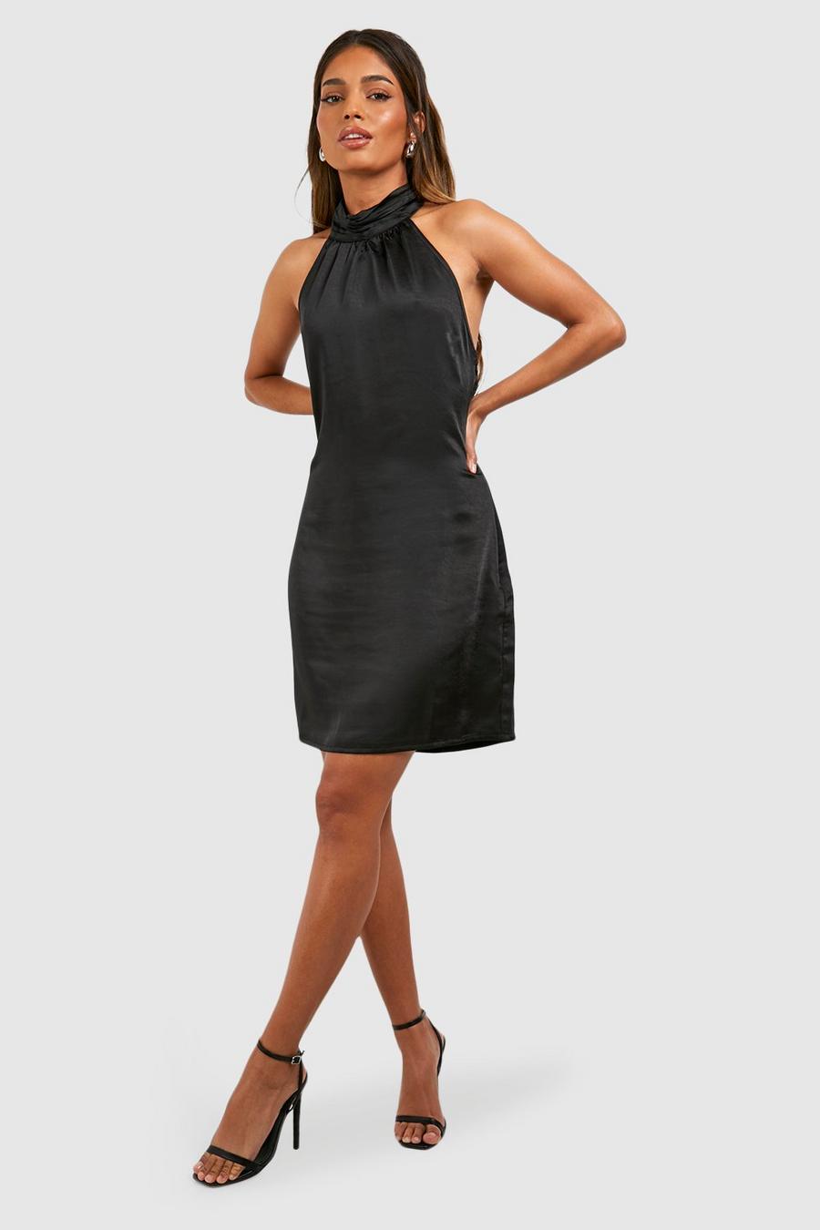 Black Satin Halter Mini Slip Dress
