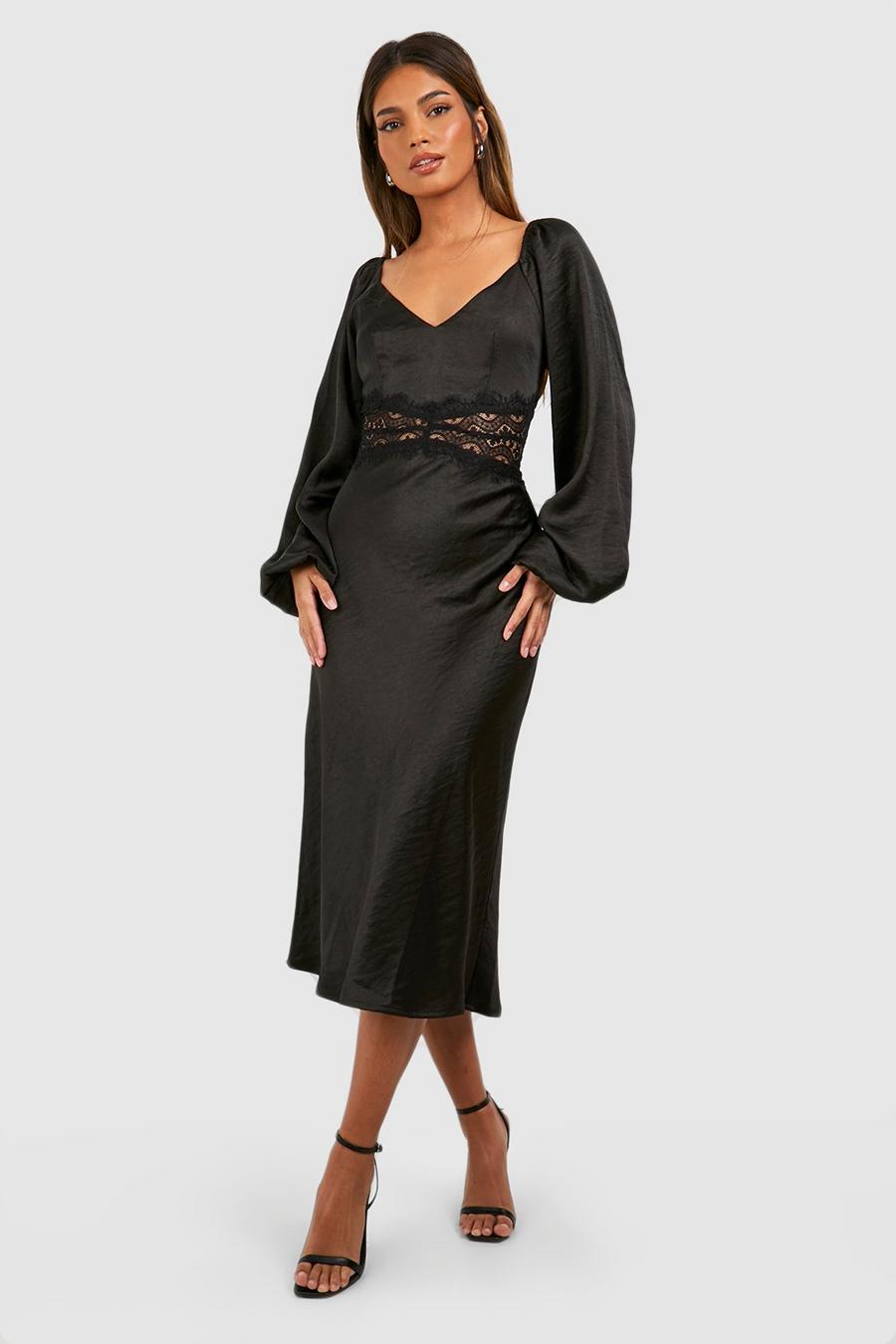 Black Lace Trim Satin Blouson Sleeve Midi Dress