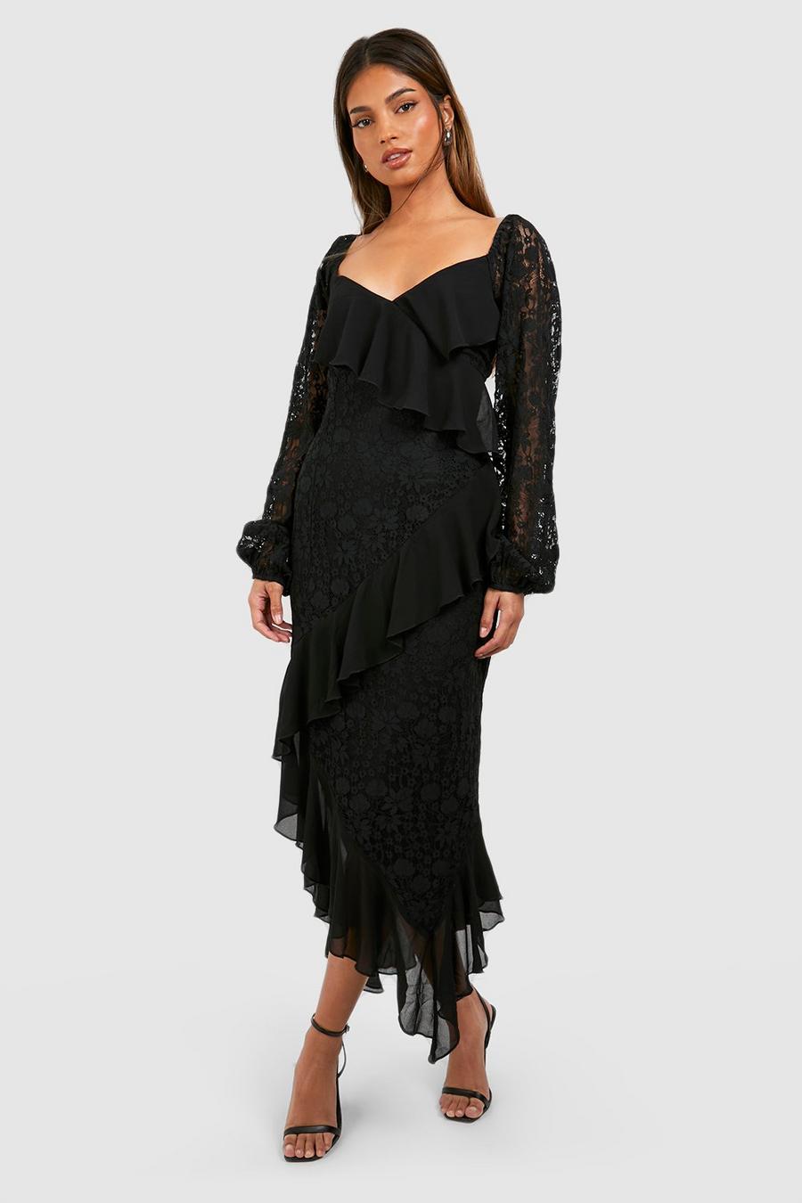 Black Lace Paneled Ruffle Midi Dress