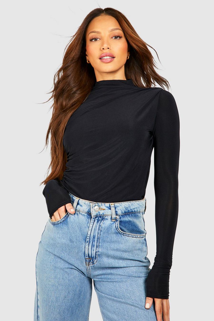 Black Tall Slinky Gathered High Neck Double Layer Top