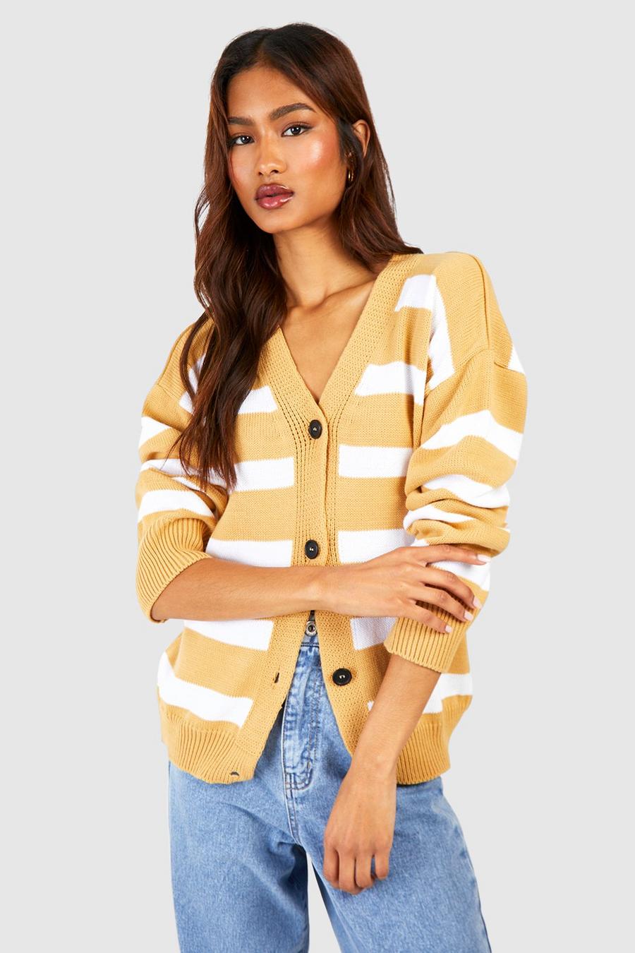 Camel Tall Stripe Knitted Oversized Cardigan