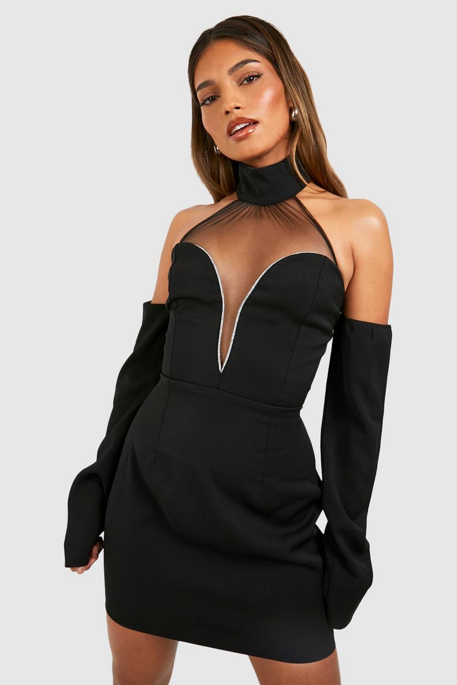 Black Glitter Trim Detail Panelled Halterneck Mini Dress