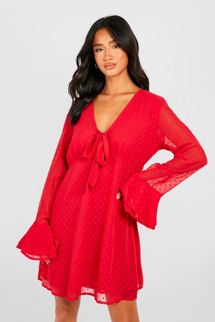 Red Petite Dobby Tie Front Flare Cuff Skater Dress image number 1