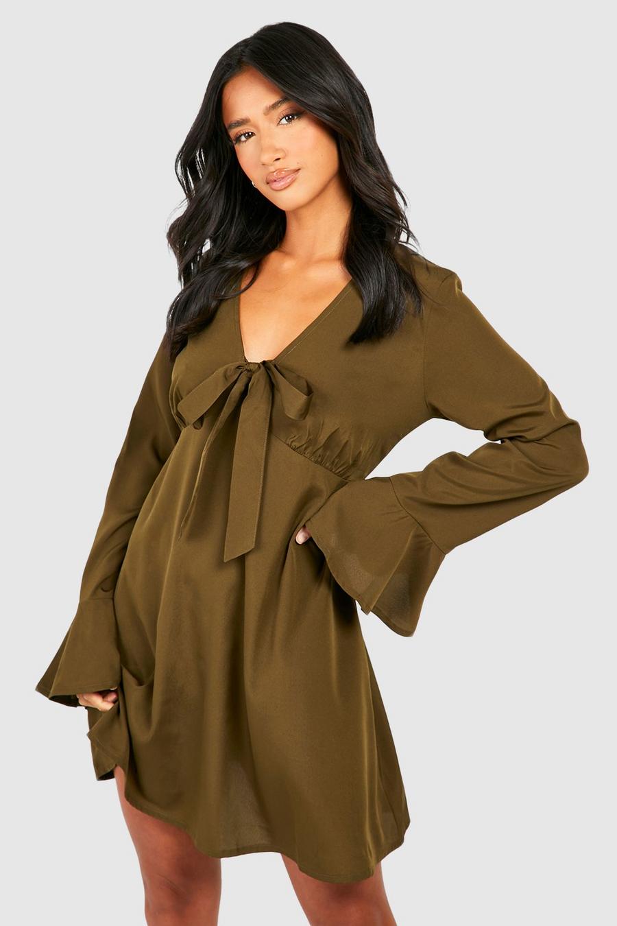 Khaki Petite Tie Front Flare Cuff Skater Dress