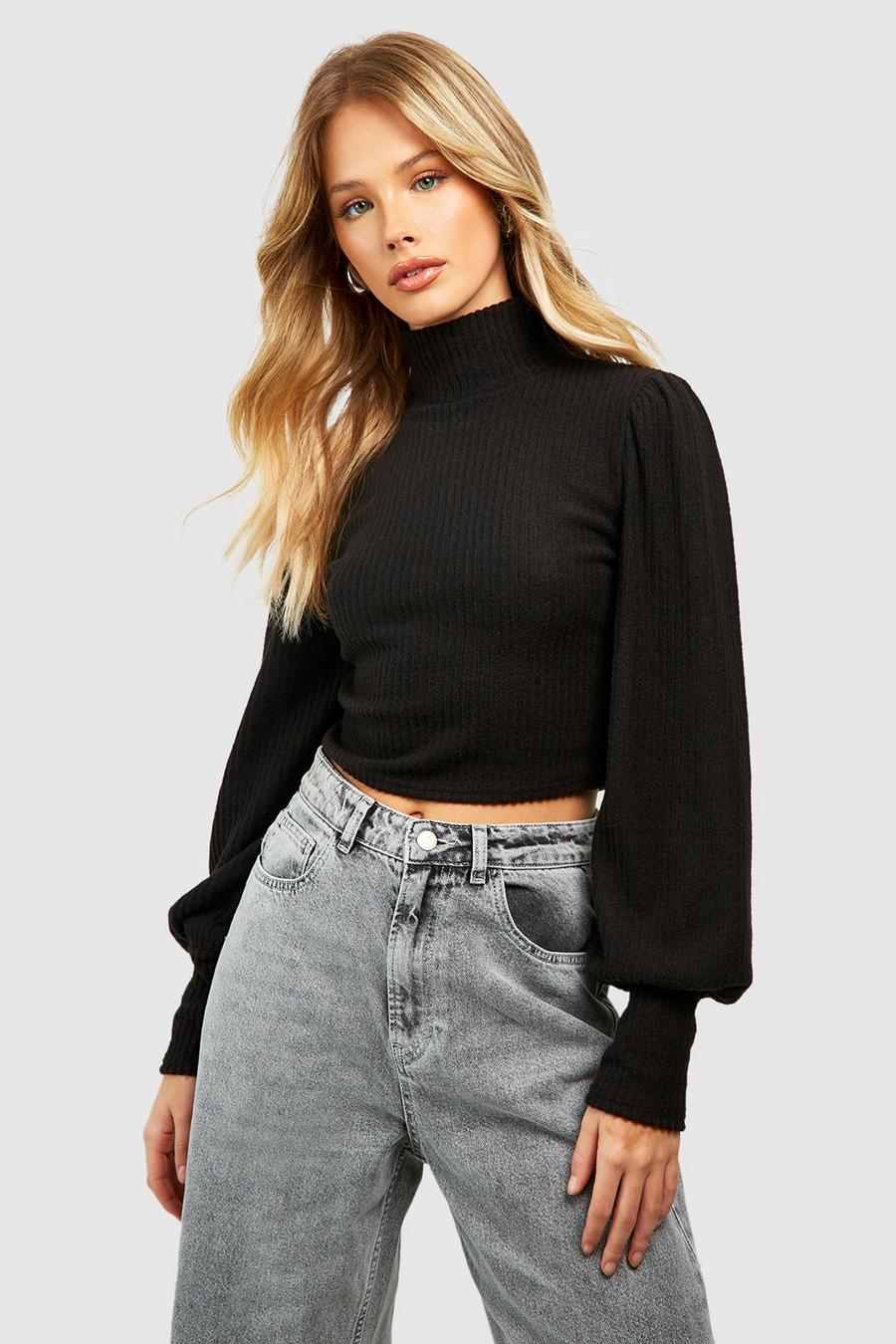 Black Knitted Roll Neck Neck Puff Sleeve Top 