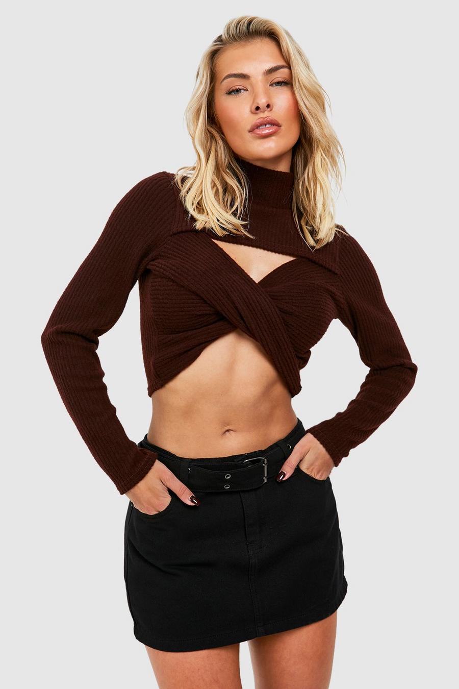 Chocolate Knitted Twist Front Top