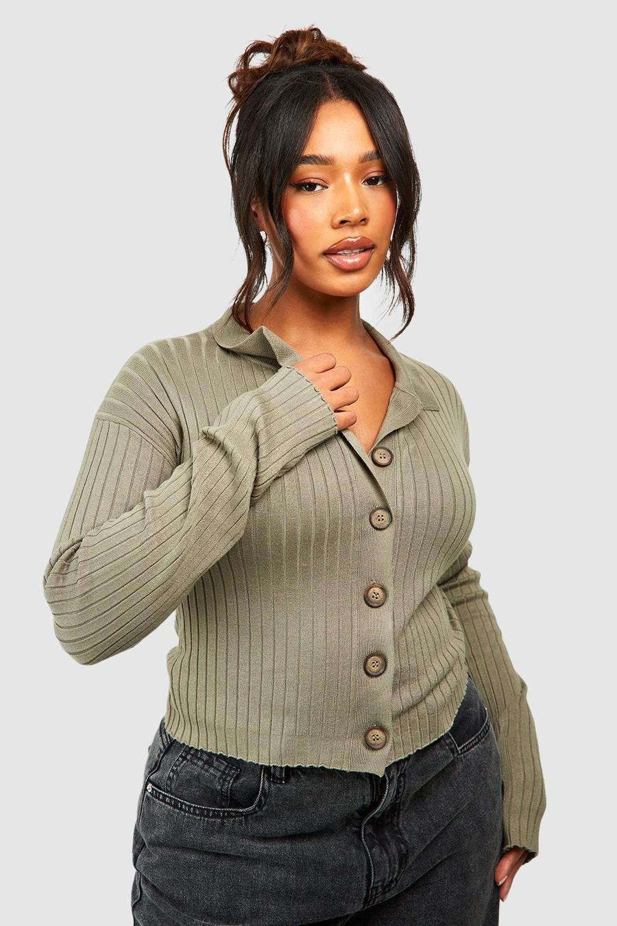 Cardigan Plus Size in maglia a coste con colletto, Washed khaki image number 1