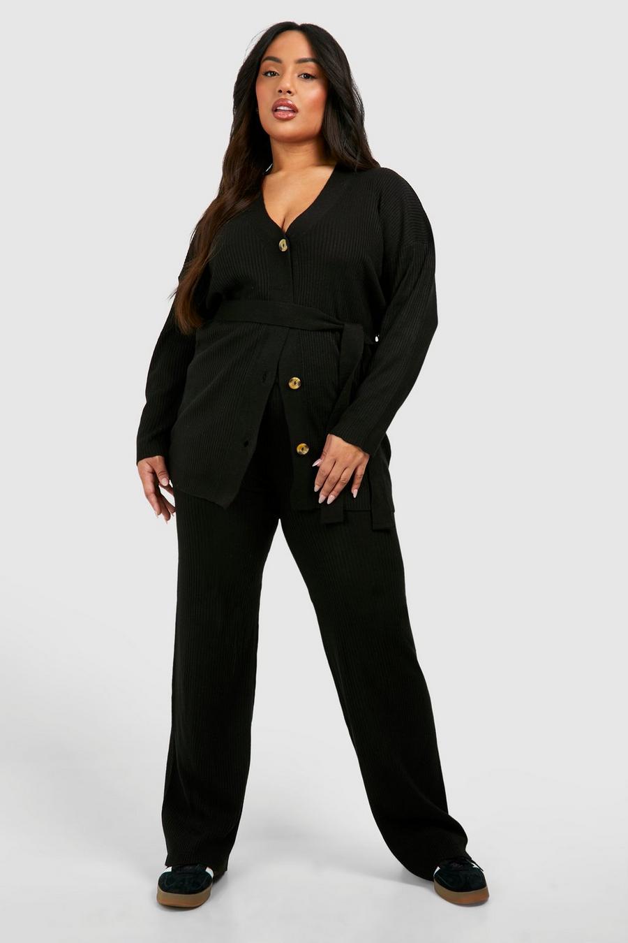 Black Plus Slouchy Belted Cardigan And Wide Leg Knit Set image number 1