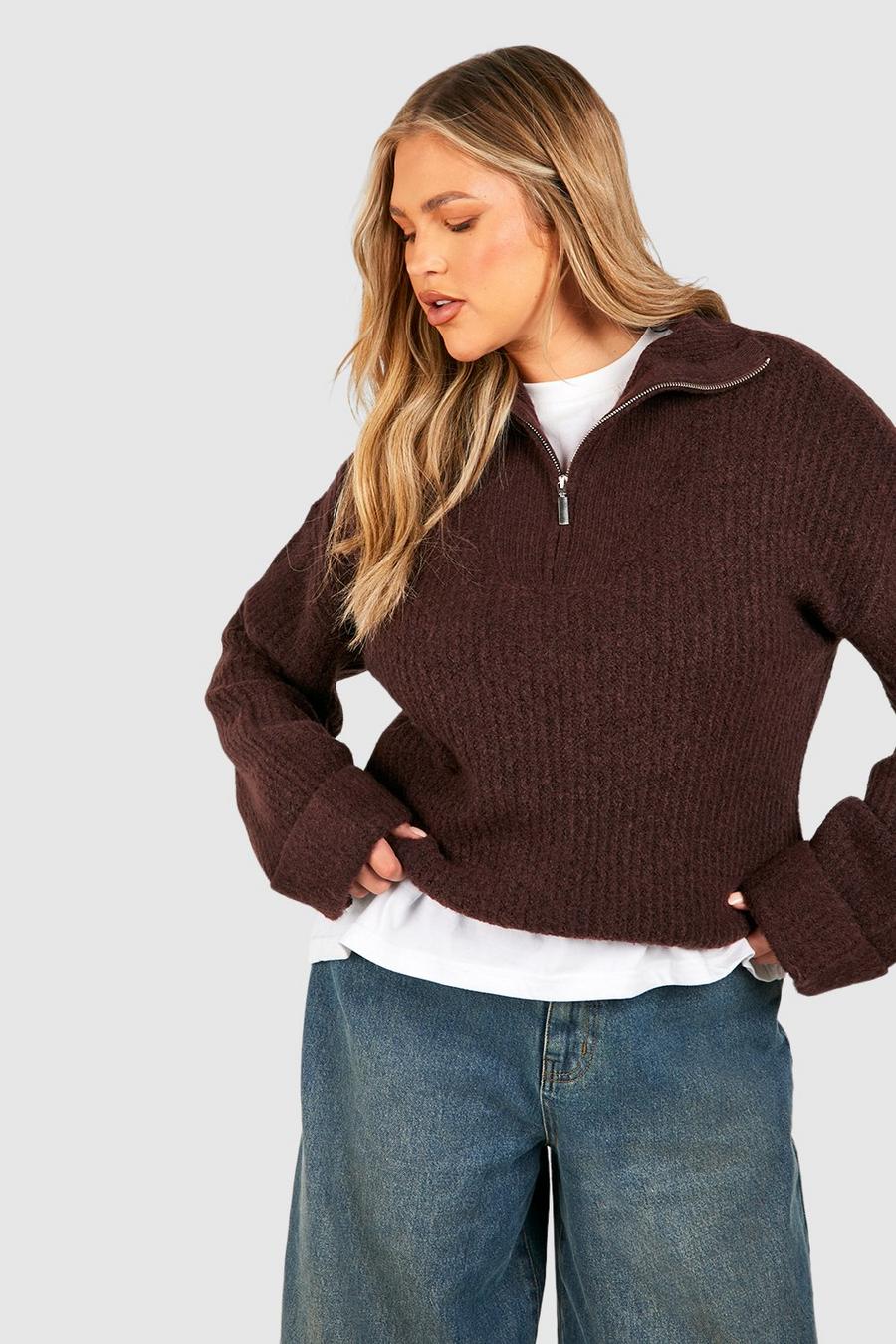 Maglione Plus Size con collo a imbuto e zip corta, Chocolate