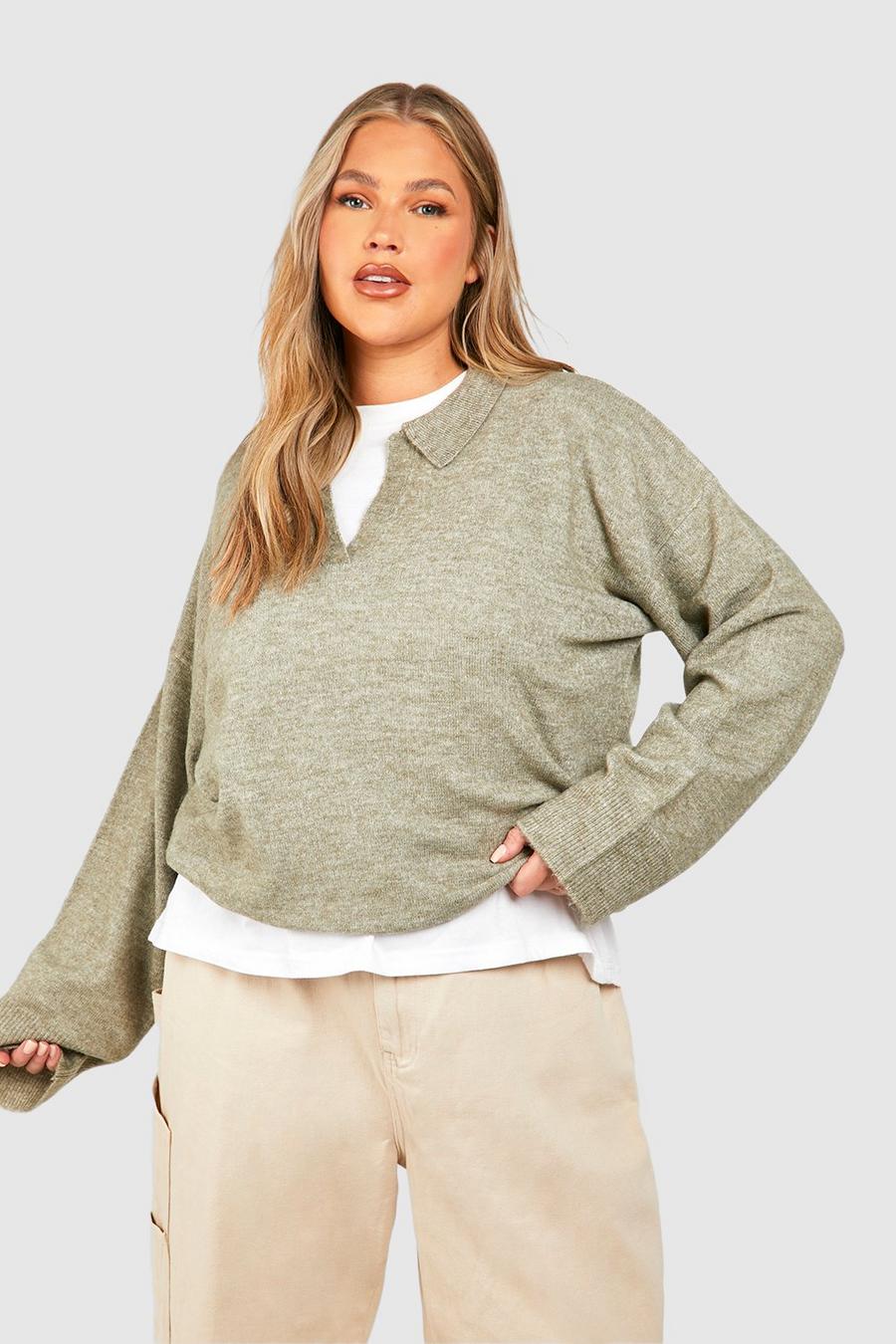 Washed khaki Plus Soft Knit Polo Collar Jumper image number 1