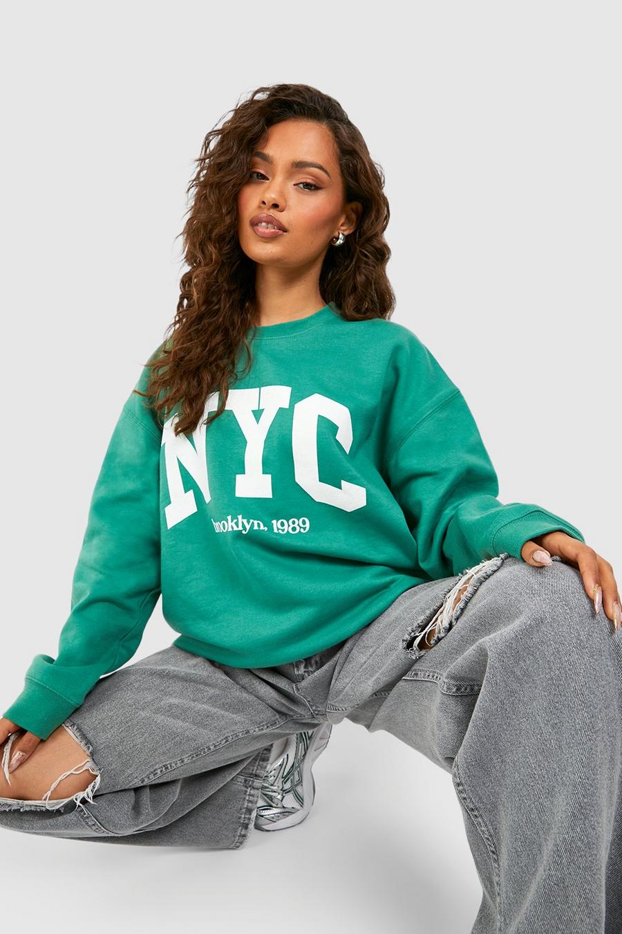 Oversize Sweatshirt mit NYC Slogan-Print, Green