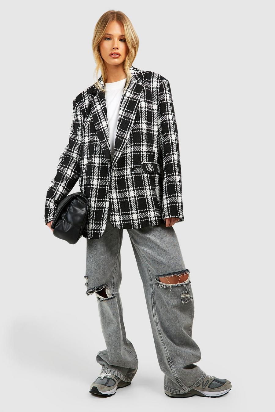 Black Mono Boucle Check Relaxed Fit Tailored Blazer image number 1