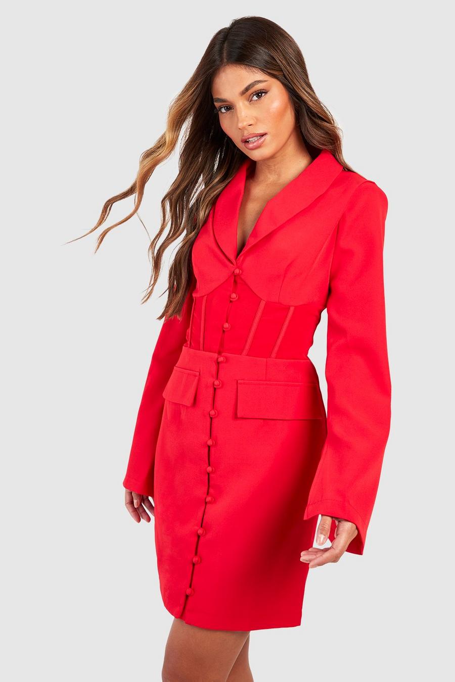 Red Fitted Corset Waist Tailored Blazer Dress image number 1