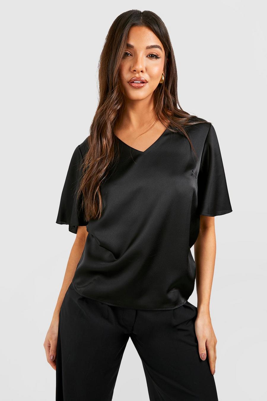 Black Satin Flared Sleeve Blouse