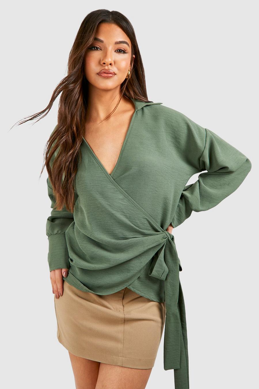 Khaki Hammered Wrap Front Tie Side Shirt