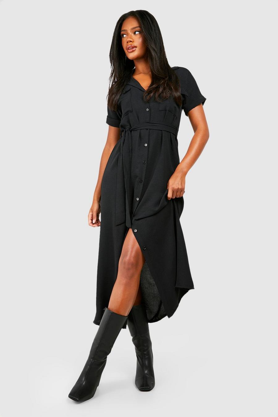 Black Hammered Pocket Detail Utility Midaxi Shirt Dress