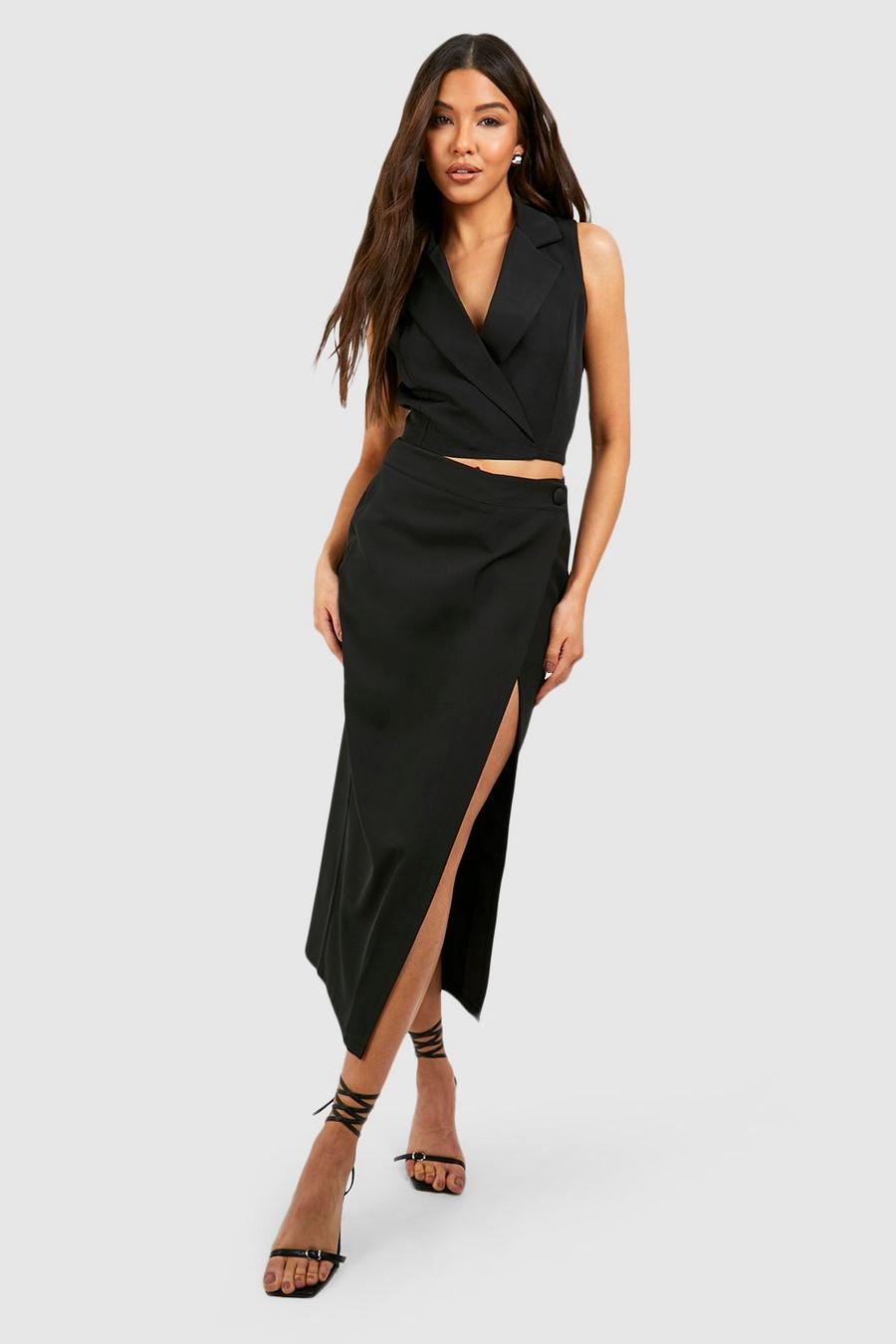 Black Thigh Split Wrap Front Tailored Maxi Skirt image number 1