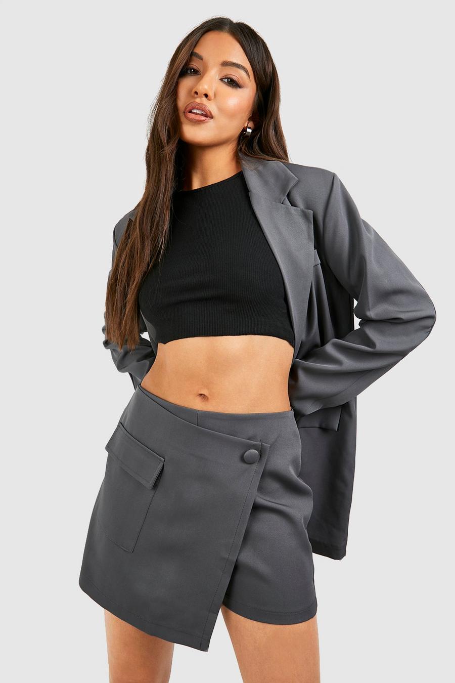 Charcoal Wrap Front Pocket Detail Mini Skirt