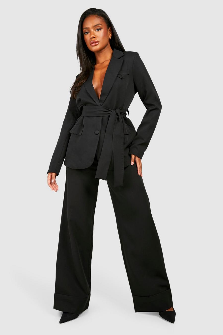 Black Turn Cuff Wide Leg Relaxed Fit Tailored Trousers