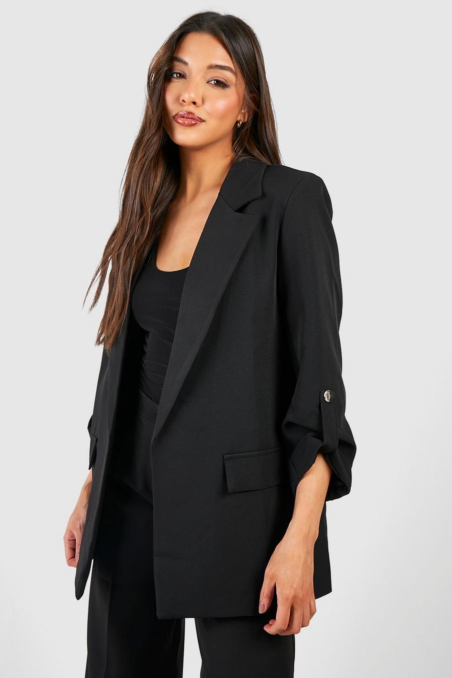 Black Gold Button Turn Cuff Relaxed Fit Blazer