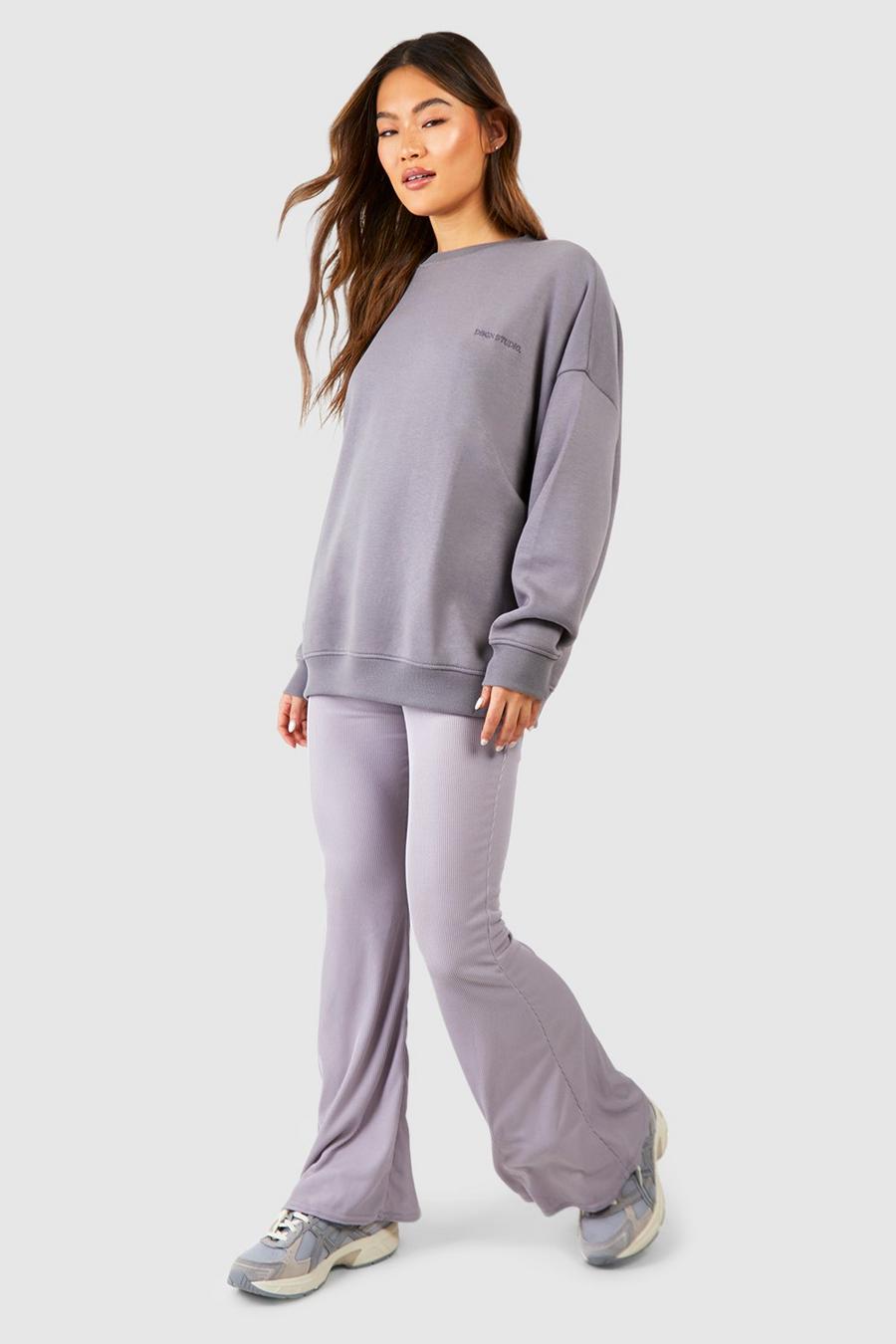 Grey Ribbade leggings med hög midja och utsvängda ben image number 1