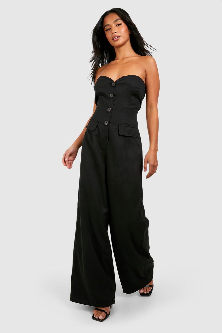 Black Petite Baggy Strapless Gilet Jumpsuit