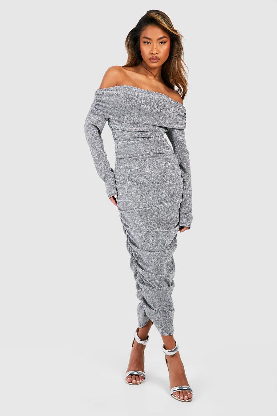 Silver Glitter Ruched Off The Shoulder Midi Dress