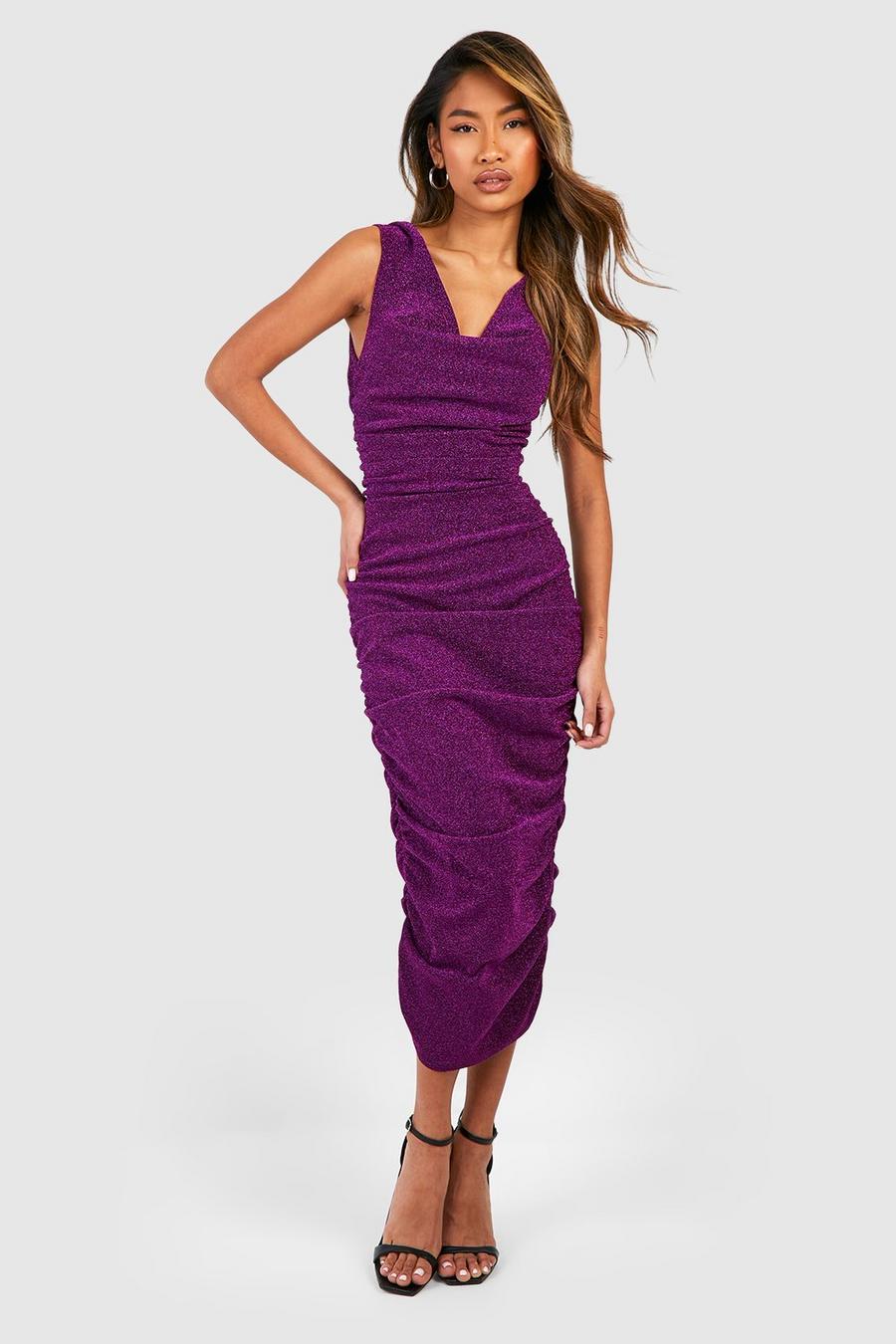 Purple Glitter Ruched Cowl Midi Dress