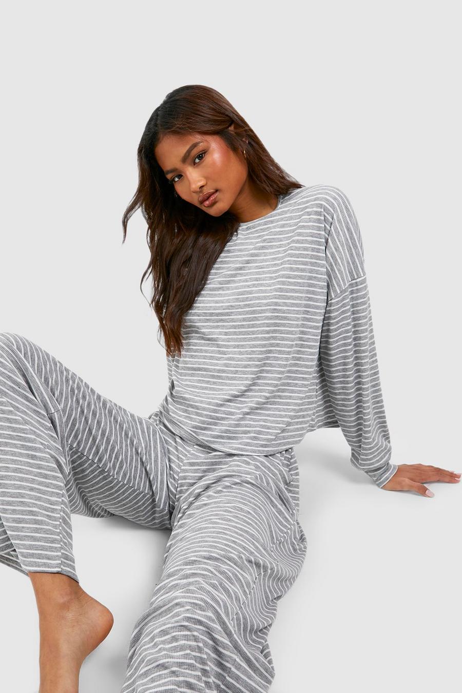 Pijama Tall largo de tela jersey con estampado de rayas, Grey