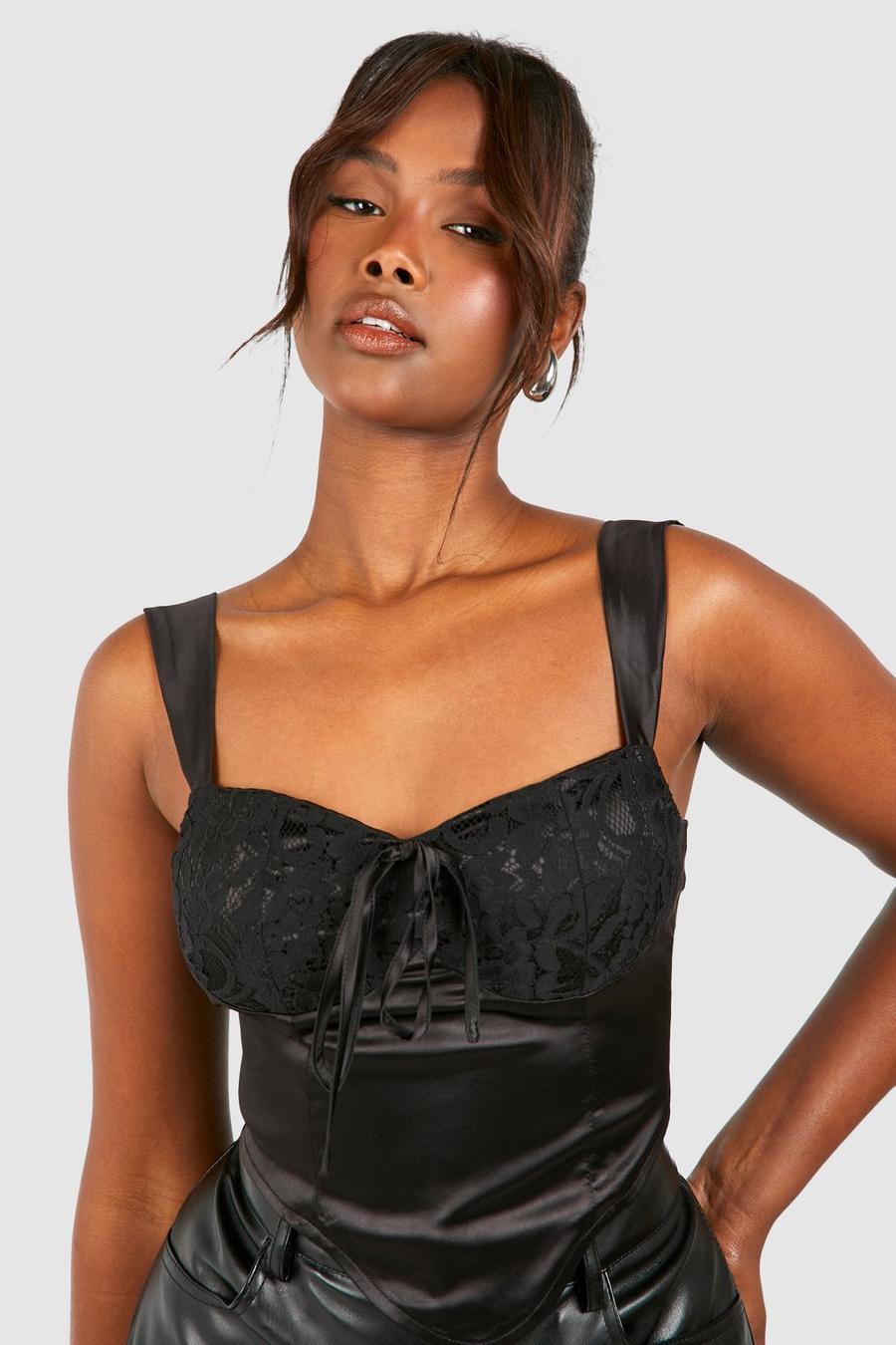 Corsetto in raso e pizzo con coppe, Black