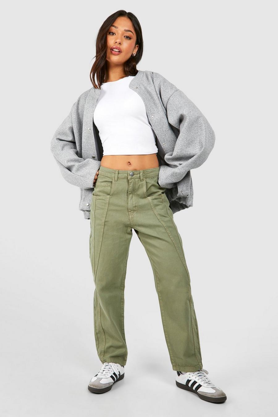 Khaki Petite Mom jeans med dekorativa sömmar