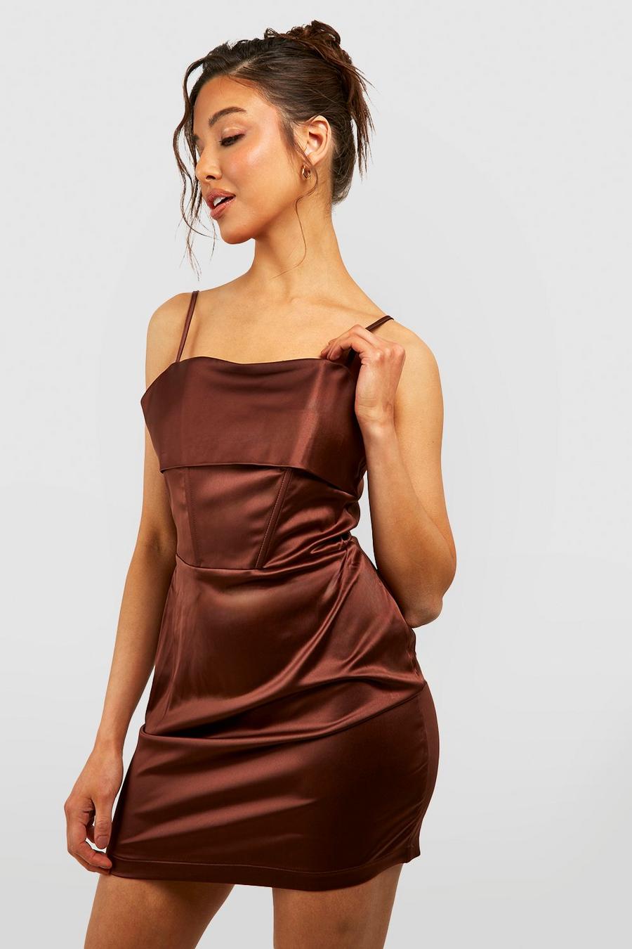 Chocolate Satin Corset Mini Dress