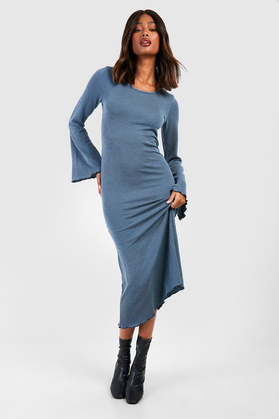 Washed blue Washed Rib Fit And Flare Midaxi Dress image number 1