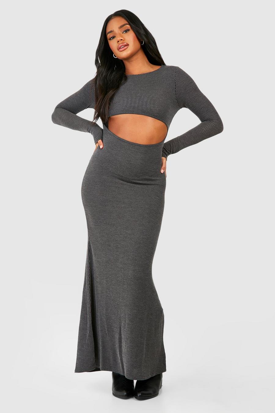 Black Washed Rib Fit And Flare Maxi Dress