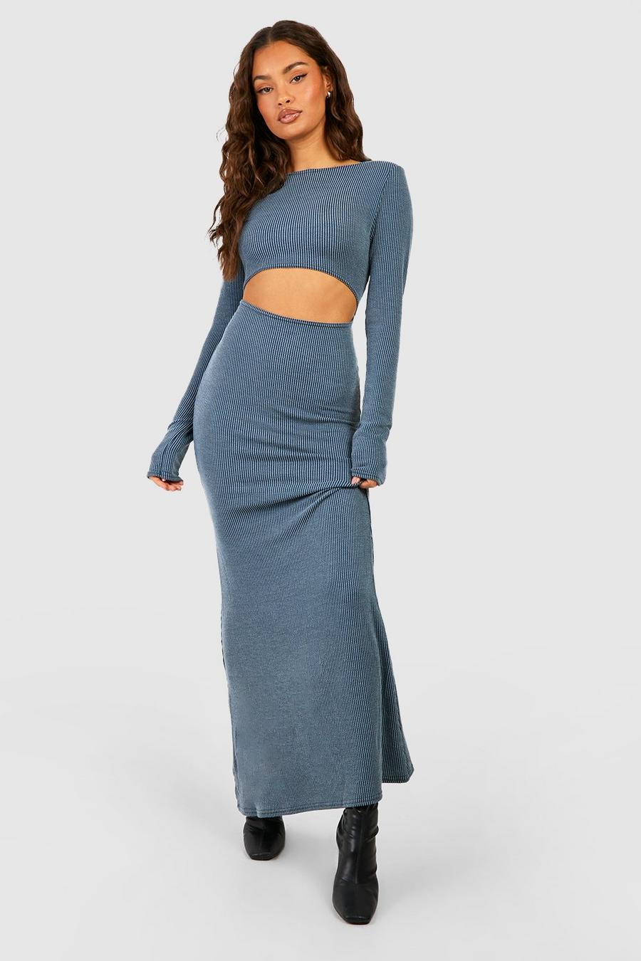 Washed blue Washed Rib Fit And Flare Maxi Dress