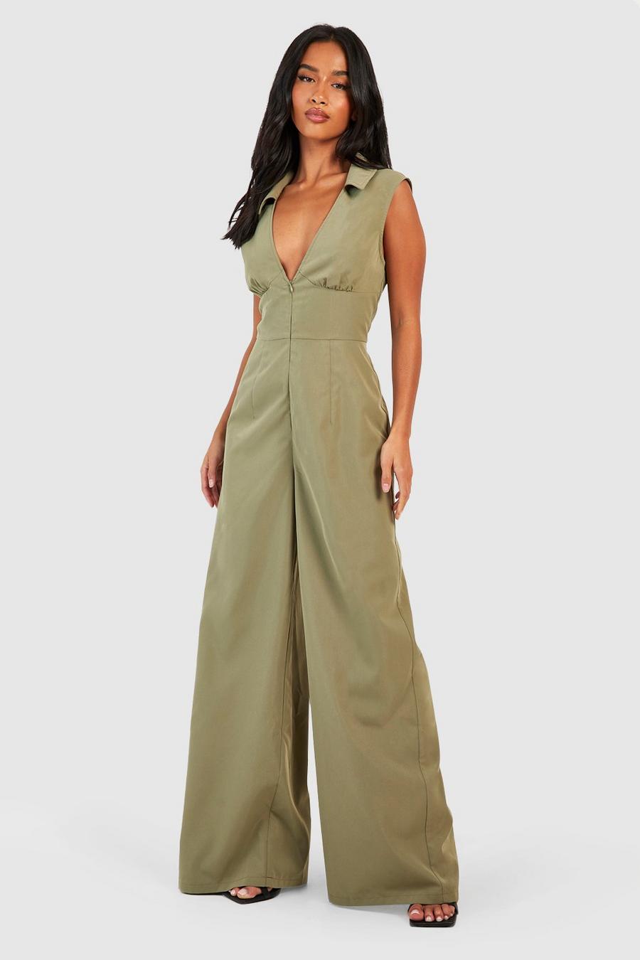 Khaki Petite Zip Front Wide Leg Jumpsuit