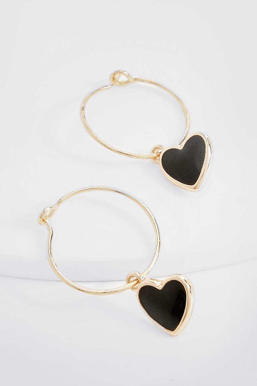 Gold Black Heart Drop Earrings