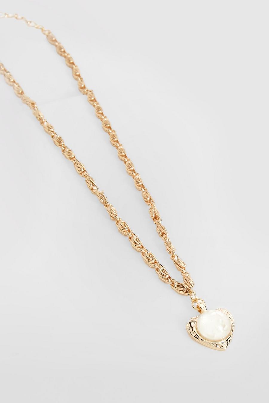 Gold Pearl Heart Pendant Statement Necklace 